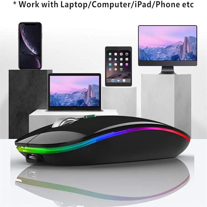 TENMOS Wireless Bluetooth Mouse, LED Slim (Bluetooth 5.1 + USB) 2.4GHz Rechargeable Silent Bluetooth Wireless Mouse with Type C Adapter for Laptop/MacBook/iPad OS 13 and Above (Black)