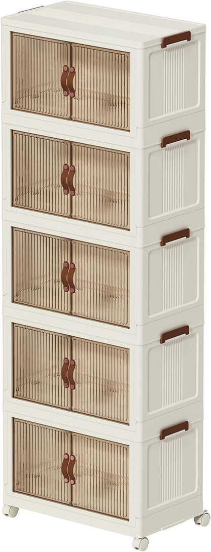 35 QT Large Plastic Storage Bins with Lids Open Front, Stackable Storage Containers with Wheels for Clothes, Home, Room, White, 5 Tiers