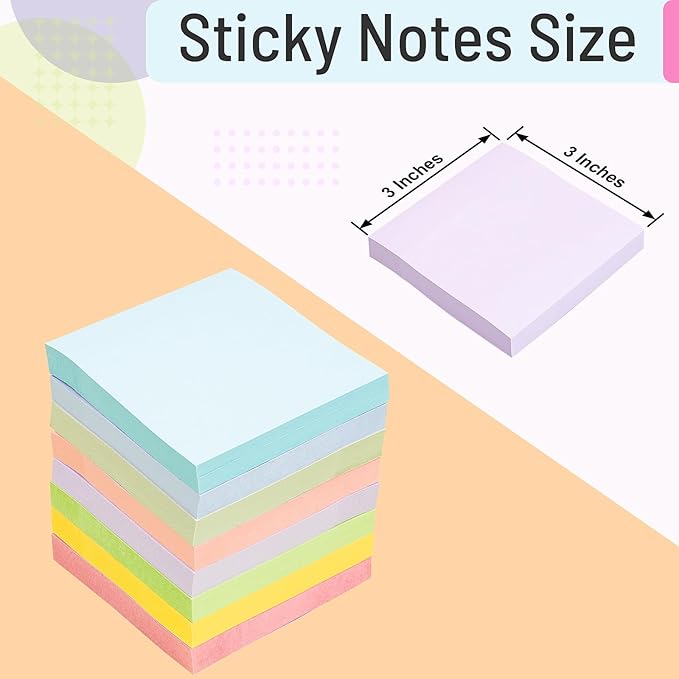 Sticky Notes 3x3 Inches, 8 Pads, 800 Sheets, 8 Color Sticky Note Pads, Premium Sticky Pads, Sticky Notes Bulk, Self-Stick Note Pads, 100 Sheets/pad