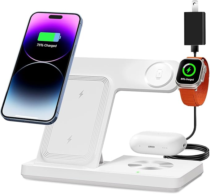 Wireless Charger, 3 in 1 Charging Station for Multi Devices, Charging Stand Dock for iPhone 8-16 Series, Apple Watch, AirPods Pro 3 2 with Adapter (White)