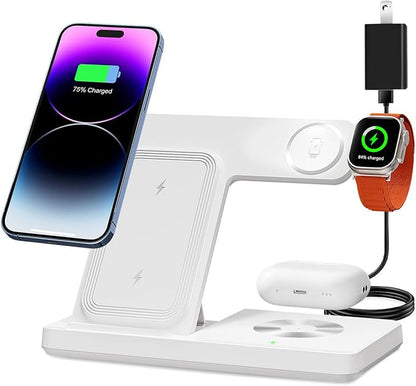 Wireless Charger, 3 in 1 Charging Station for Multi Devices, Charging Stand Dock for iPhone 8-16 Series, Apple Watch, AirPods Pro 3 2 with Adapter (White)