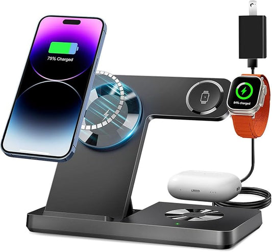 Magnetic 3 in 1 Charging Station for Multiple Devices,Mag-Safe Wireless Charger for iWatch & Airpods Pro 3 2, Foldable Charging Stand Dock for iPhone 12-16 Series with Adapter(Black)
