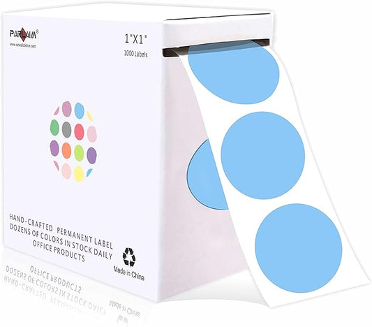 PARLAIM 1 Inch Round Permanent Adhesive Color-Code Dot Stickers, 1000 per Roll Label Dispenser Box, Light Blue Dot Stickers