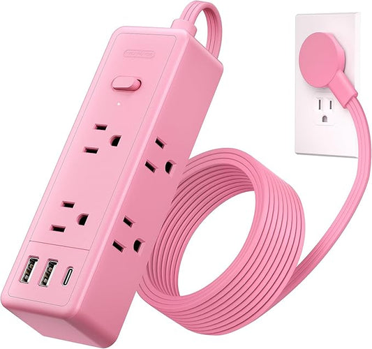 NTONPOWER Pink Extension Cord 5 ft, 1080 Joules Surge Protector Power Strip, Flat Plug Extension Cord with 6 Widely Outlets 3 USB (1 USB C), Power Strip Long Cord for Home Office Dorm Room Essentials