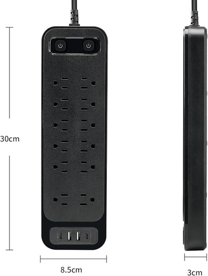 10FT Power Strip with USB Ports Extension Cord, 12 Outlets and 2 USB & 2 USB-C Port(5V 3.1A),Bold Extension Cord with Fuse Surge Protected Flat Plug Power Strip for Home Office (Black)