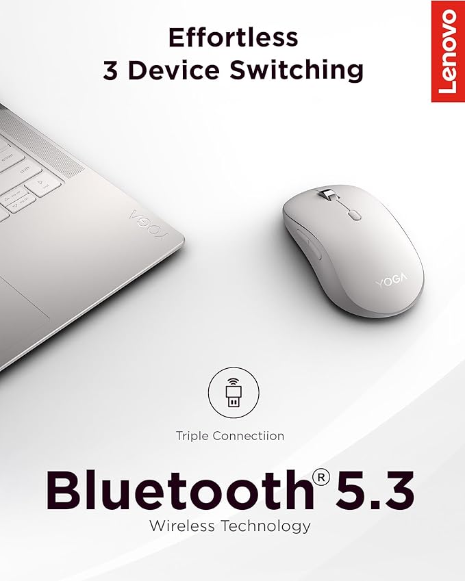 Lenovo Yoga Bluetooth Silent Mouse, 3 Level DPI Adjustment, 36 Month Battery Life, Bluetooth 5.3, 3 Device Paring, Whisper Quiet, Programmable Buttons, Smooth Finish, Seashell
