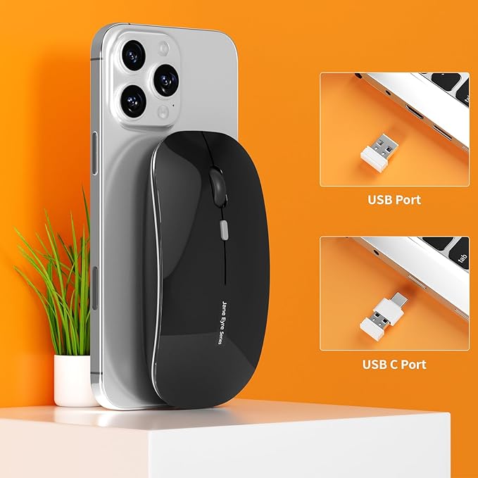 Uciefy Q5 Slim Rechargeable Wireless Mouse, 2.4G Portable Optical Silent Ultra Thin Wireless Computer Mouse with USB Receiver and Type C Adapter, Compatible with PC, Laptop, Notebook, Desktop Black