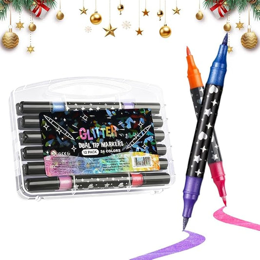 Colors Dual Tip Glitter Gel Pen Set, 2025 Upgrade Fiber Tips Smooth Sparkle Paint Markers Pen for Adults Coloring, Shimmer Metallic Glitter Markers for DIY Crafts Christmas Cards Making (12)