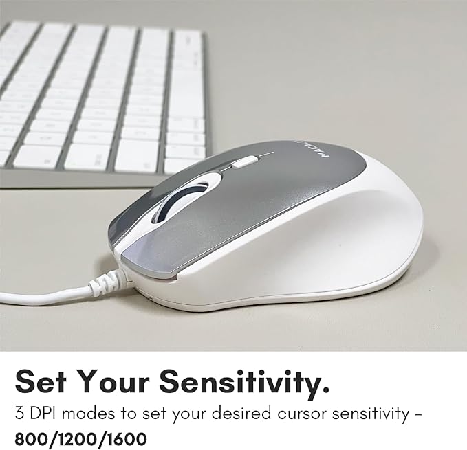 Macally USB C Mouse for Mac - Sculpted for Comfort - Wired Type C for MacBook Pro Air|iPad|PC|iOS|Android - Plug and Play USBC Apple with Ambidextrous Body and 4 DPI Modes - Silver