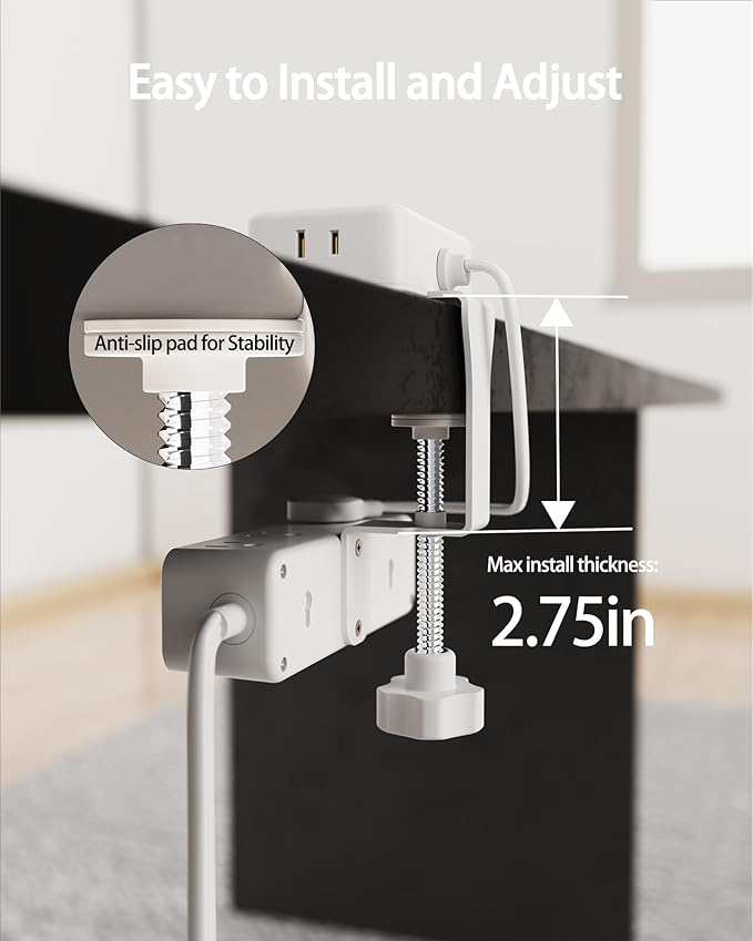 Dual Layer Desk Clamp Power Strip（White）, Desktop Edge Mount Charging Station with 13 Outlets 4 USB Ports (2 USB C), Under Desk Surge Protector(1700 Joules), 10 Ft Extension Cord for Office