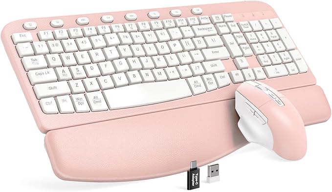 SABLUTE Wireless Keyboard and Mouse Combo, Ergonomic Wave Keys, Cushioned Plam Rest, Comfortable Silent Natural Typing, 2.4G Lag-Free, Full Size Keyboards Cordless Set for Multi-OS, Windows/Mac, Pink