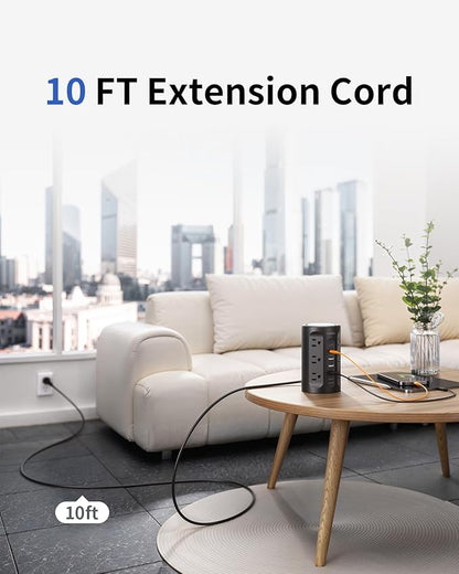 Surge Protector Power Strip Tower with 5 USB Ports and Night Light,10FT Extension Cord with 12 AC Multiple Outlets (Black, 10FT)