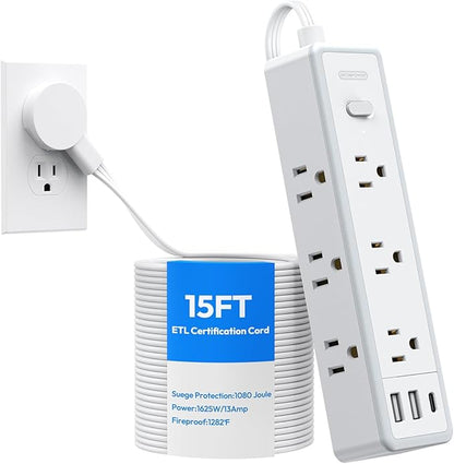 Flat Extension Cord 15 FT, Surge Protector Power Strip with 9 Widely Outlets and 3 USB (1 USB-C), Extension Cord with Multiple Outlets, 1080 Joule, Wall Mount, for Home Office, Dorm,White