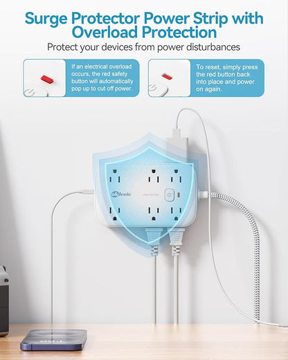 Flat Multi Plug Extender with 6 USB Wall Charger(3 USB C), 12 AC Outlets Wall Adapter, 3 ft Thin Extension Cord, Flat Plug Surge Protector Power Strip (2100J) for Home, Office, College Dorm. White