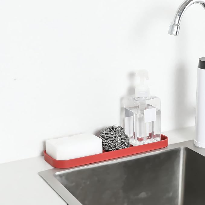 Silicone Kitchen Sink Organizer Tray for Multiple Usage,Eco-Friendly Sponges Holder for Kitchen Bathroom Counter or Sink,Dish Soap Dispenser,Scrubber,Bottle,Cup (Red, 12"×4")