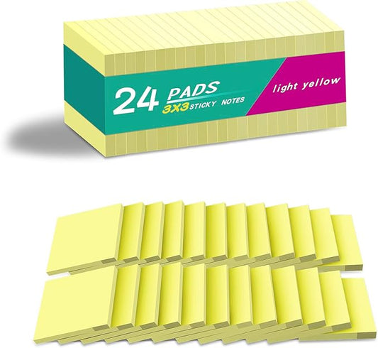 Sticky Notes 3x3 in Yellow, 24 Pads, Strong Adhesive, Clean Removal, Recyclable, Self-Stick Pads, Easy to Stick for Home, Office, Notebook