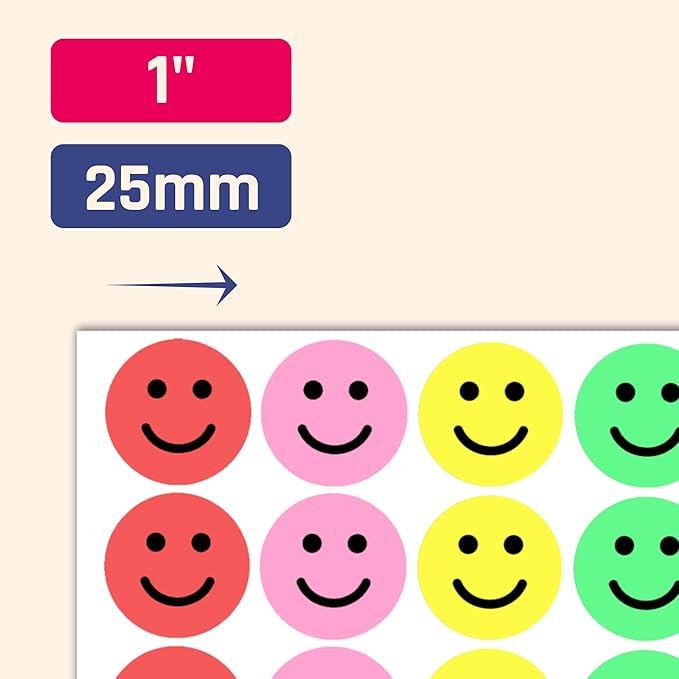 1800 Pieces, 1 inch - Smiling Happy Smile Face Stickers for Reward - 6 Colors