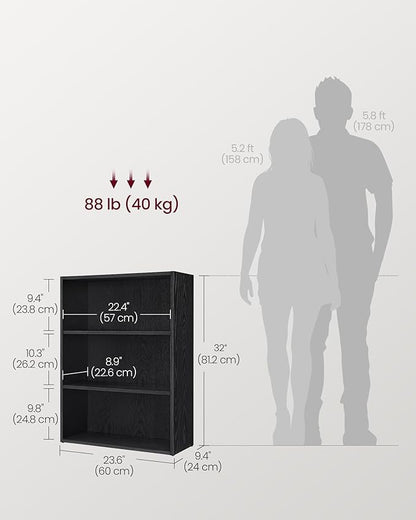 VASAGLE Custos Collection - Bookshelf, 3-Tier Bookcase, Book Shelf, Open Storage Shelf, 9.4 x 23.6 x 32 Inches, for Living Room, Home Office, Dinning Room, Ebony Black ULBC163T56