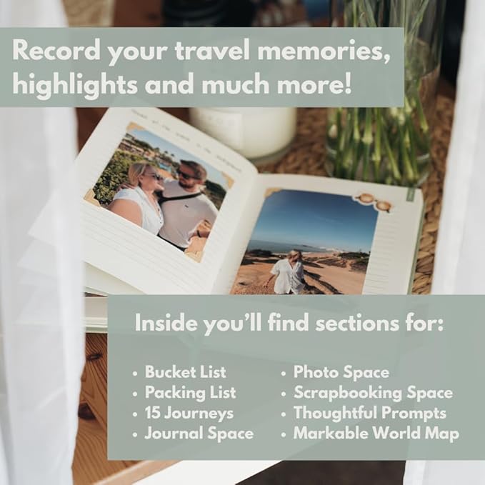Travel Journal – Memory Book for Trips and Vacations – Journal and Photo Album – 136 Pages for 15 Adventures. Includes Photo Corner Stickers. Gift Sleeve Included. Travel Gift for Women and Men