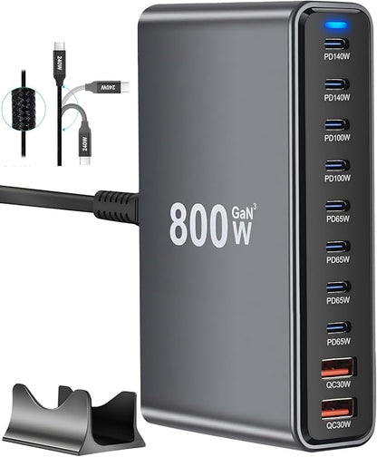 800W USB C Fast Charger Block, 10 Port USB Charging Station, GaN Ⅲ Pro Dual 140W PD PPS Port for Multiple Devices,Laptop Wall Charger Compatible with DELL, HP, MacBook Pro,iPhone 16,Galaxy S24