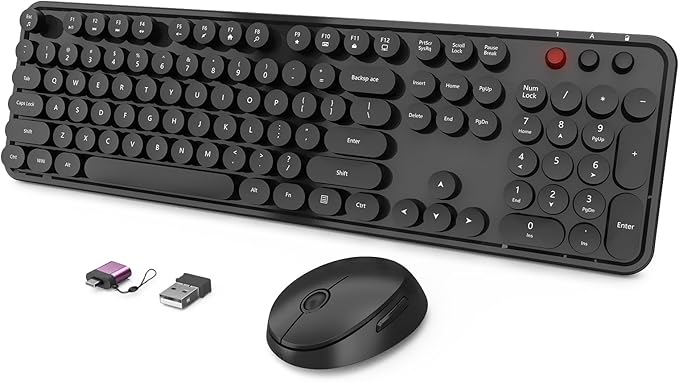 Wireless Keyboard and Mouse Combo, Ergonomic Full Size Typewriter Retro Round Keycaps Keyboard, Compatible with Windows, PC, Perfer for Home and Office Keyboards (Black