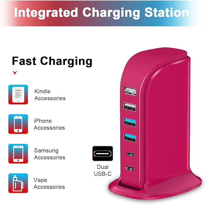 USB Charging Station Multiports Upoy, Charging Hub 6 Ports Dual Type-C, USB Tower Fast Charging for Tablets, Cellphones, Smart Watch, and More Electronic Gadgets, Portable Design, Travel Essentials