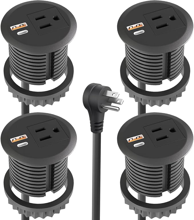4pcs Desktop Power Grommet,2-inch Hole,20W USB C Fast Charging,2-USB Port,Flush Mount,Flat Plug,6.4 ft Cord,Black