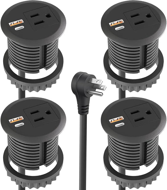 4pcs Desktop Power Grommet,2-inch Hole,20W USB C Fast Charging,2-USB Port,Flush Mount,Flat Plug,6.4 ft Cord,Black