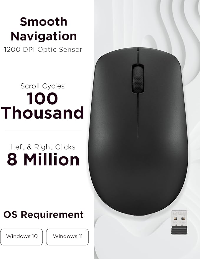 Lenovo 530 Wireless Mouse – Full Size Computer Mouse for PC, Laptop, Windows Computer - 2.4 GHz Nano USB Receiver - Ambidextrous Design - 12 Months Battery Life – Cordless