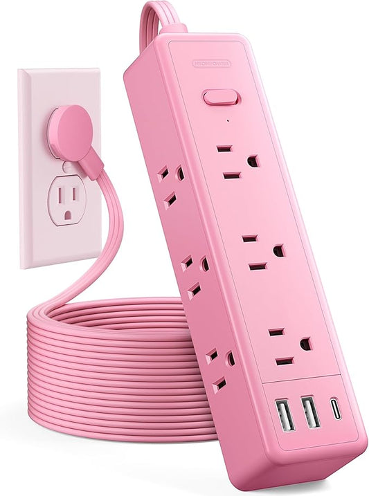 Pink Power Strip, NTONPOWER Surge Protector Power Strip Flat Extension Cord 15FT, 9 Outlets 3 USB Ports(1 USB C), Wall Mount, 1080J, Multiple Outlets for Home, Dorm, Vanity Desk, Nightstand,Women