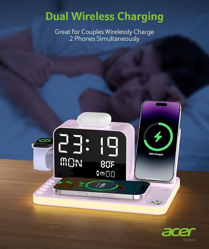 Acer 7-in-1 Wireless Charging Station with LED Clock - 30W Fast Wireless Charger for iPhone 16/15/14/13/12/Pro Max, Apple Watch, AirPods - Bluetooth Auto Time Sync & Night Lights (Purple)