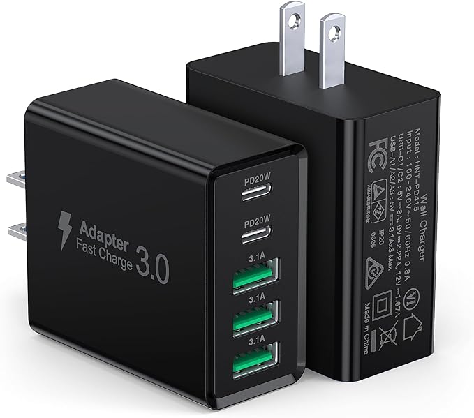 [2-Pack] USB C Wall Charger, 60W USB C Charger Block 5-Port PD Fast Charging Blocks,2USB C+3USB A Multiport Plug,Type C Power Adapter Brick Cube for iPhone 17/16/15/14/13/Pro,Samsung,for Switch（Black）