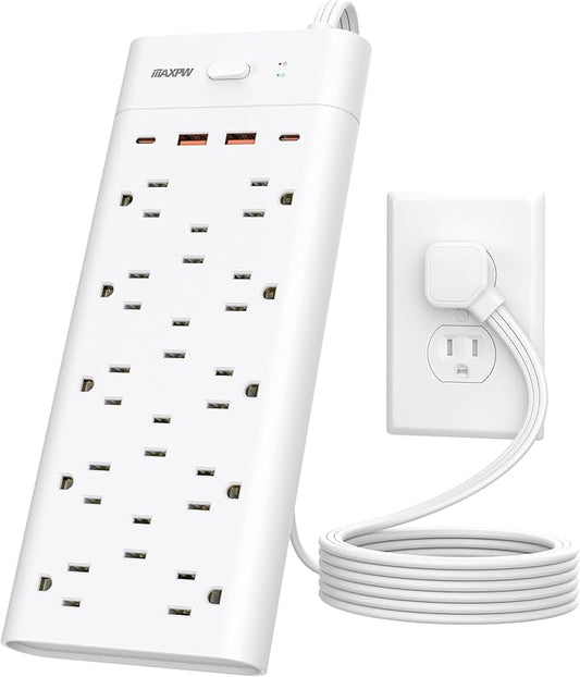Surge Protector Power Strip Outlet Extender with 14 Outlets and 4 USB Ports (2 USB C), 6 Ft Flat Plug Extension Cord, 1700 Joules, Wall Mount for Home, Office, Dorm, White