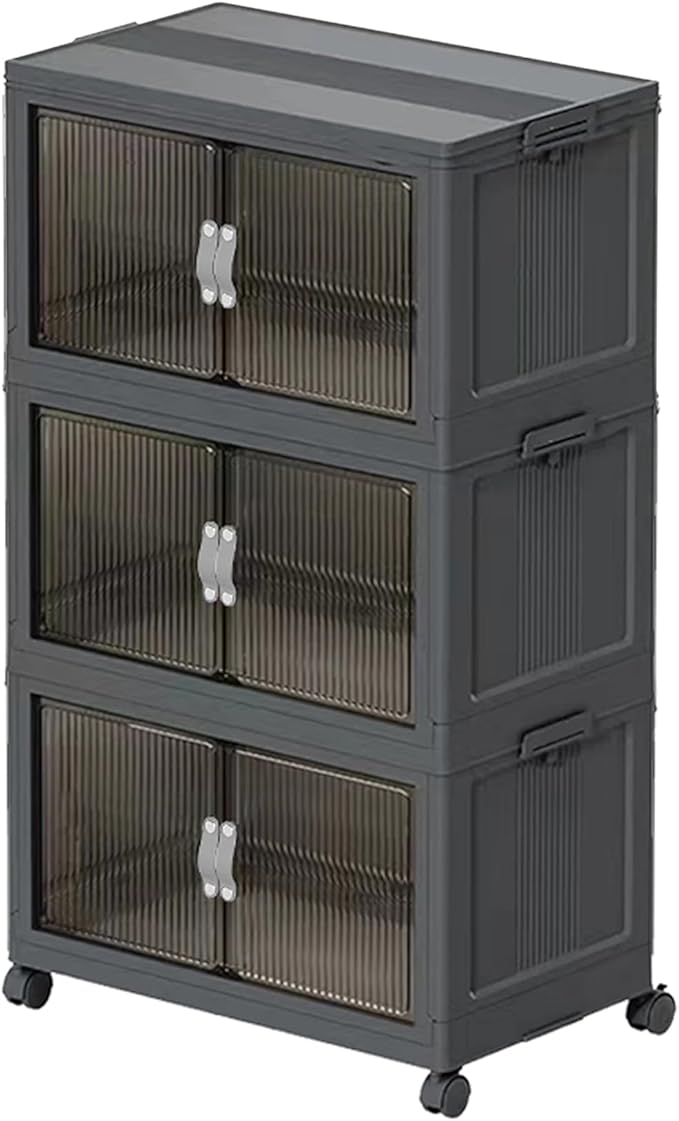 Stackable Storage Bins with Lids Open Front, 155Qt Large Plastic Foldable Containers for Clothes, 3 Pack Multifunctional Collapsible Storage Boxes for Home, Pantry, Office (S, Gray 3-Tier)