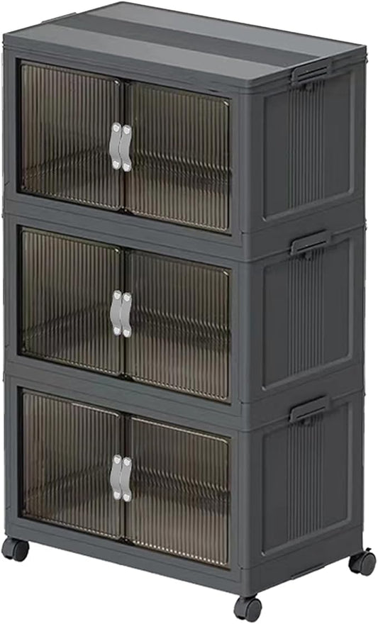 Stackable Storage Bins with Lids Open Front, 155Qt Large Plastic Foldable Containers for Clothes, 3 Pack Multifunctional Collapsible Storage Boxes for Home, Pantry, Office (S, Gray 3-Tier)