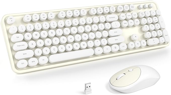 MOFII Wireless Keyboard and Mouse Combo, Computer Full Size 2.4G Plug and Play Wireless Typewriter Retro Round Keyboard and Mouse Set for Windows, Computer, Desktop, PC, Notebook - (Off White)