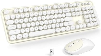 MOFII Wireless Keyboard and Mouse Combo, Computer Full Size 2.4G Plug and Play Wireless Typewriter Retro Round Keyboard and Mouse Set for Windows, Computer, Desktop, PC, Notebook - (Off White)