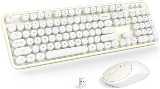 MOFII Wireless Keyboard and Mouse Combo, Computer Full Size 2.4G Plug and Play Wireless Typewriter Retro Round Keyboard and Mouse Set for Windows, Computer, Desktop, PC, Notebook - (Off White)