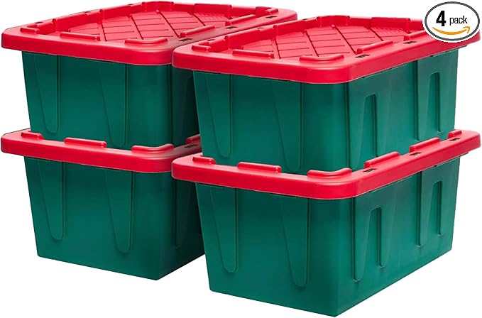 HOMZ 4-Pack Durabilt Tote, Heavy Duty Plastic Storage Bins with Lids, 15 Gallon, Green/Red - Stackable Organizing Containers for Home, Garage, and Office