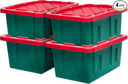 HOMZ 4-Pack Durabilt Tote, Heavy Duty Plastic Storage Bins with Lids, 15 Gallon, Green/Red - Stackable Organizing Containers for Home, Garage, and Office