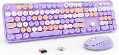 Wireless Keyboard and Mouse Combo, Retro Typewriter Keyboard with Round Keycaps, Full-Size Ergonomic, Purple, Ideal for Windows PC, Home, Office, and College