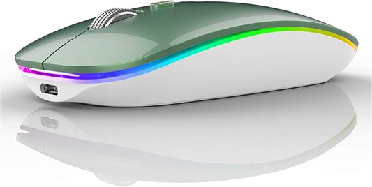 TENMOS Wireless Bluetooth Mouse, LED Slim (Bluetooth 5.1 + USB) 2.4GHz Rechargeable Silent Bluetooth Wireless Mouse for Laptop/MacBook/iPad OS 13 and Above (Blackish Green)