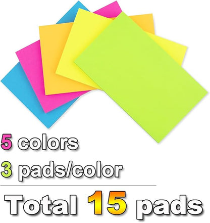 (15 Pads) Sticky Notes 3x5 in Bright Stickies Colorful Super Sticking Power Memo Pads Strong Adhesive