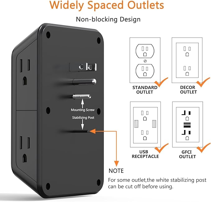 Surge Protector Outlet Extender, 6 Outlet Extender with 4 USB Charging Ports (2 USB C), 3 Sided Multi Plug Wall Adapter for Home, Office, Travel-2 Pack,Black