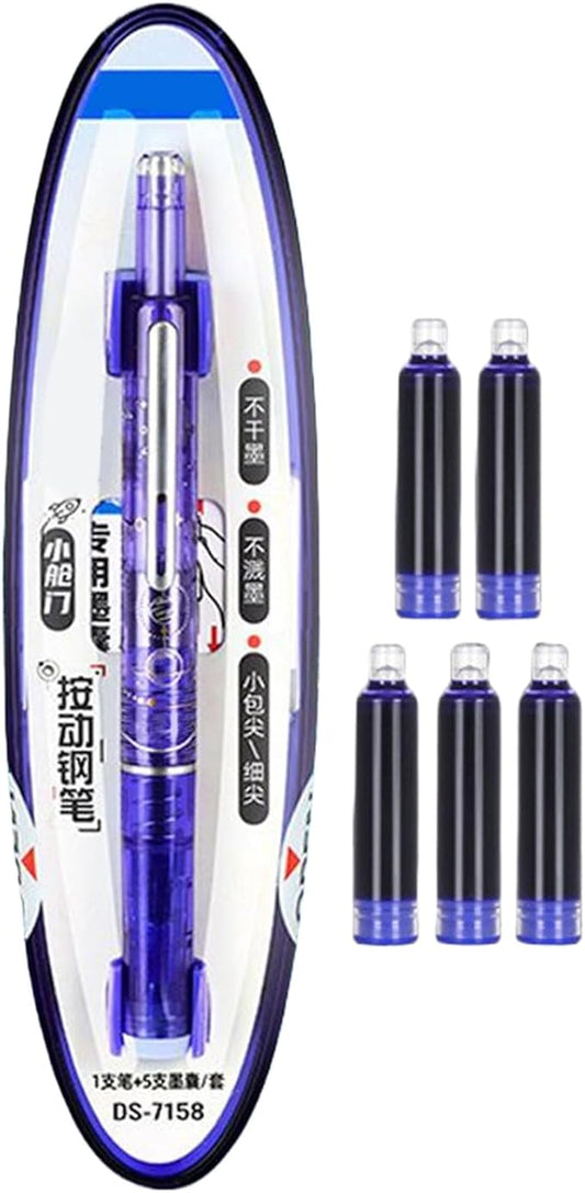 0.38mm Retractable Fountain Pen - Smooth Writing, Leak Proof Design, Comes with 5 Refillable Ink Cartridges | Writing Tool for Notebook Art Sketching School Office Journaling Creative Use