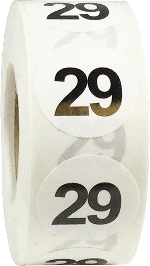 White with Black Number 29 Circle Dot Stickers, 3/4 Inch Round, 500 Labels on a Roll