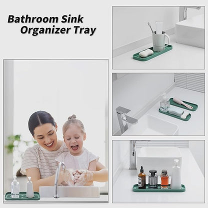 Silicone Kitchen Sink Organizer Tray for Multiple Usage,Eco-Friendly Sponges Holder for Kitchen Bathroom Counter or Sink,Dish Soap Dispenser,Scrubber,Bottle,Cup (Green, 12"×4")