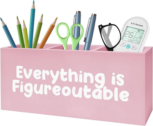 Everything Is Figureoutable Makeup Brush Toothbrush Holder, Preppy Coquette Pink Wooden Pen Pencil Holder Organizer for Dorm Bedroom Desk Accessories, Inspirational Gifts for Women