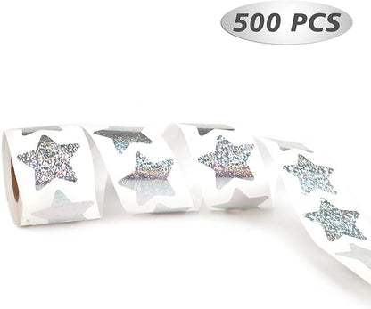 1.5" Large Holographic Sliver Star Stickers for Kids Reward, 500 Pcs Foil Star Metallic Stickers Roll for Wall, Crafts and Classroom Teachers