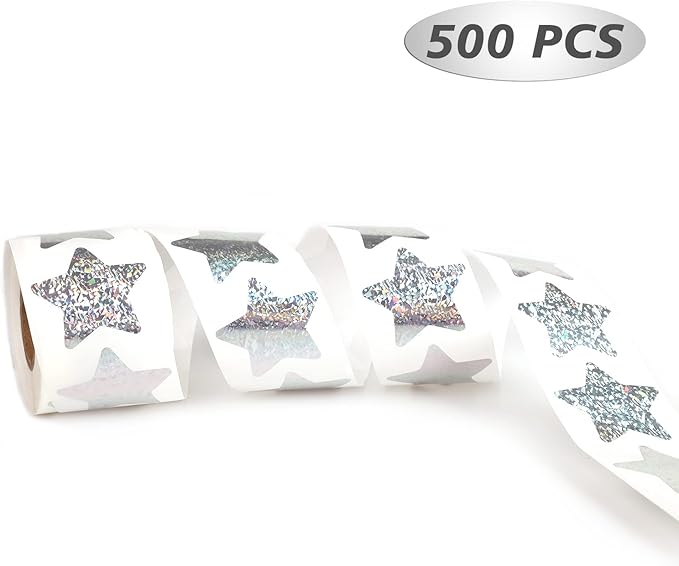 Sliver Star Stickers for Kids Reward, 1" Diameter, 500 per Roll, 1 inch